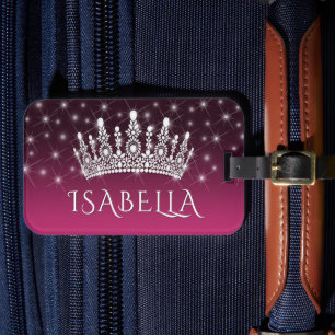 Elegante Sparkly Crown & Stars Hot Pink & Black Bagagelabel