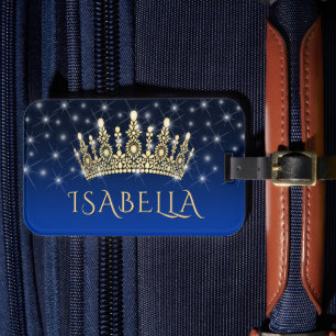 Elegante Sparkly Crown & Stars Royal Blue & Gold Bagagelabel