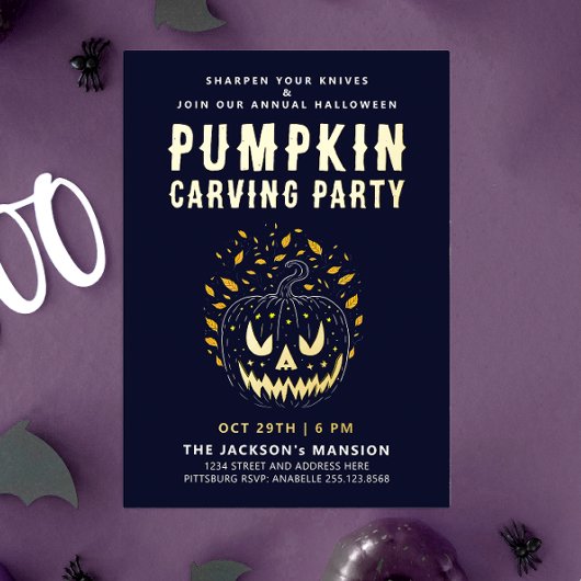 Elegante Spooky Halloween Nachtpompoen Carving Folie Uitnodiging