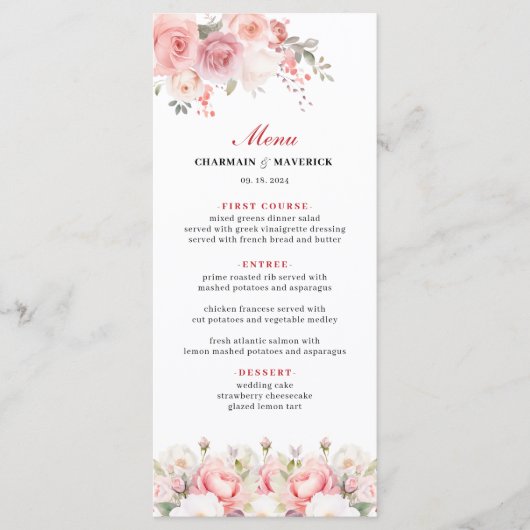Elegante Spring Roos Blush Roze bruiloft Menu (Voorkant)