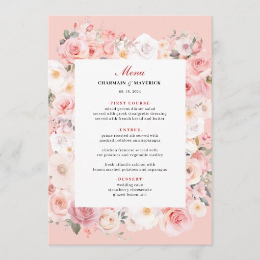 Elegante Spring Roos Blush Roze Lijst bruiloft Menu (Voorkant)