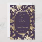 Elegante Stijl Donker Paarse Gouden Flora Save the Kaart (Voorkant)