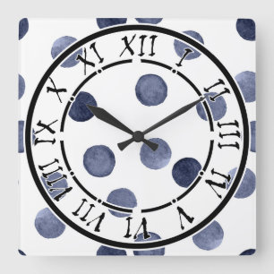 Elegante stijl, waterverf polka stip, blauw en wit vierkante klok