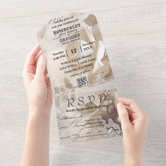 Elegante  Stijl Witte Rose QR Code All In One Uitnodiging (Afscheurbaar)