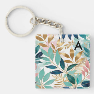 Elegante stijlvolle bladeren blad patroon monogram sleutelhanger
