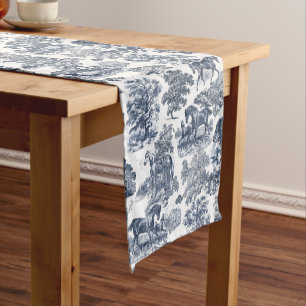 Elegante stijlvolle Blauw Witte Paarden Toile Korte Tafelloper