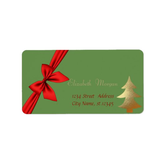 Elegante stijlvolle gouden kerstboom, rode strik etiket (Voorkant)