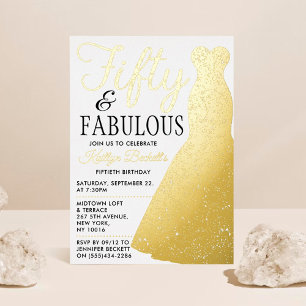 Elegante stijlvolle jurk Vijftig & Fabulous Verj Folie Uitnodiging