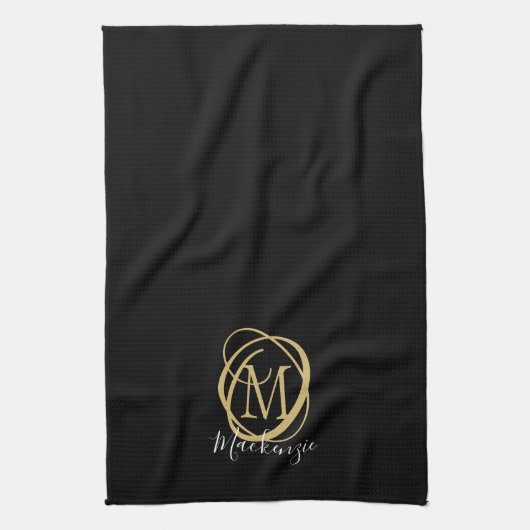 Elegante stijlvolle monogram scriptnaam zwart goud theedoek (Verticaal)