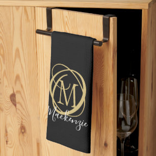 Elegante stijlvolle monogram scriptnaam zwart goud theedoek