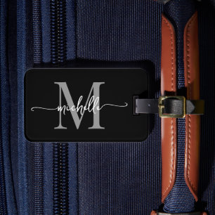 Elegante Stijlvolle Zwarte Grijze Monogram Initiaa Bagagelabel