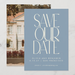 Elegante Stof Blauw Eenvoudig Modern Modieus Foto Save The Date