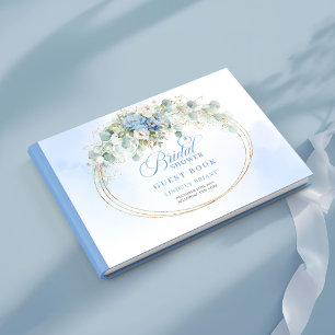 Elegante Stof Blauw Goud Bloemige Bruiloftsshower Gastenboek