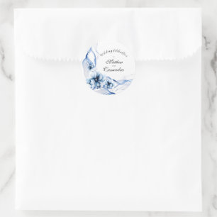 Elegante Stof Blauw Marine Bloemen Bruiloft Ronde Sticker