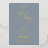 Elegante Stof Blauw Moderne Kalligrafie Bruiloft F Folie Uitnodiging (Voorkant)