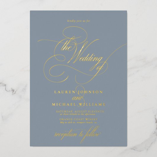 Elegante Stof Blauw Moderne Kalligrafie Bruiloft F Folie Uitnodiging (Voorkant)