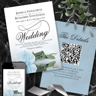 Elegante Stof Blauw Roos Script QR Code Trouwen Kaart