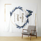 Elegante Stof Blauw Vogels Witte Trouw Achtergrond Wandkleed (In Situ (horizontaal))