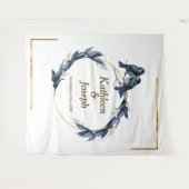 Elegante Stof Blauw Vogels Witte Trouw Achtergrond Wandkleed (Voorkant (horizontaal))