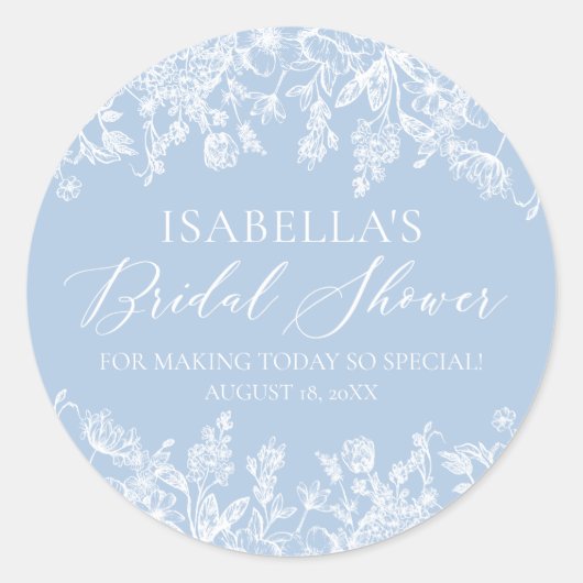 Elegante Stof Blauw Witte Wilde Bloem Bruidsdouche Ronde Sticker (Voorkant)