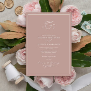Elegante Stof Roze Calligrafie Monogram Bruiloft Kaart