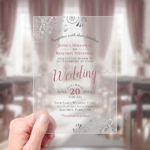 Elegante Stof Roze & Zilver Calligrafie Bruiloft Acryl Uitnodigingen