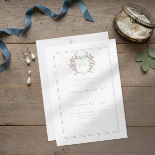 Elegante Stof Sage Pastel Wilde Bloem Crest Trouwd Kaart