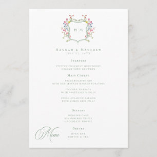 Elegante Stof Sage Pastel Wilde Bloem Crest Trouwd Menu
