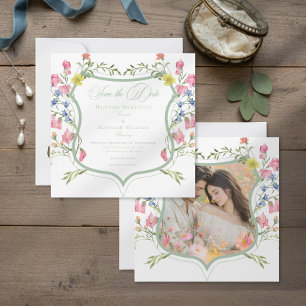 Elegante Stof Sage Wildflower Crest Foto Bruiloft Save The Date
