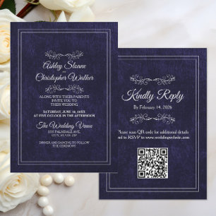Elegante Stof Zwart Wit QR-code Trouwen Kaart