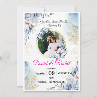 Elegante Stofblauwe Aquarel Bloemenen Gouden Krans Kaart