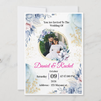 Elegante Stofblauwe Aquarel Bloemenen Gouden Krans Kaart