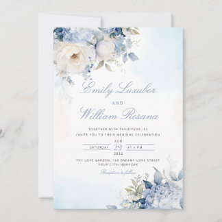 Elegante Stofblauwe Aquarel Boho Bloemige Bruiloft Kaart