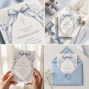 Elegante Stofblauwe Aquarel Strik Baby Jongen Doop Kaart