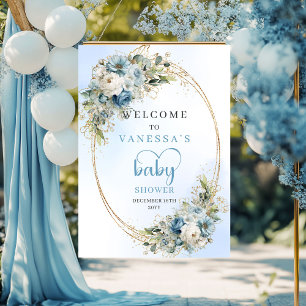 Elegante Stofblauwe Baby Shower Poster met Gouden