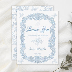 Elegante Stofblauwe Barokke Lijst Baby Shower Bedankkaart