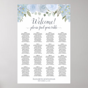 Elegante Stofblauwe Bloem 16 Tafel Zitplaatskaart Poster