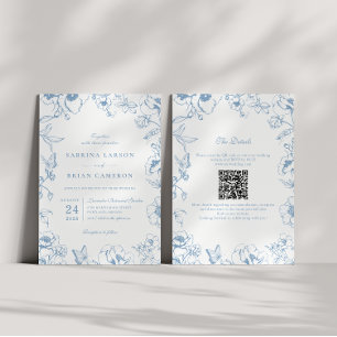 Elegante Stofblauwe Bloem Tuin QR Code Bruiloft Kaart