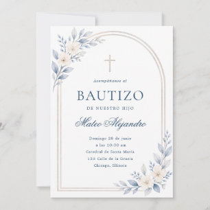 Elegante Stofblauwe Bloemboog Spaanse Bautizo Kaart