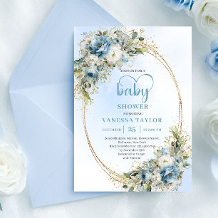 Elegante Stofblauwe Bloemen Gouden Baby Shower Uit Kaart