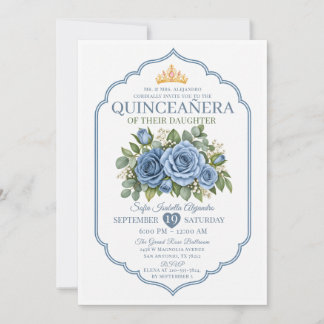 Elegante Stofblauwe Bloemenkroon Roos Quinceañera Kaart
