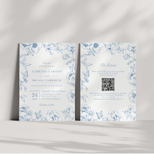 Elegante Stofblauwe Bloemetuin QR Code Bruiloft Kaart