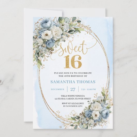 Elegante Stofblauwe Bloemige Groene Sweet Sixteen Kaart (Voorkant)