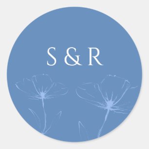 Elegante Stofblauwe Bloemlijn Kunst Monogram Rond Ronde Sticker
