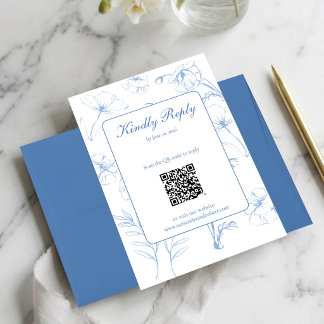 Elegante Stofblauwe Bloemlijn Kunst QR Code Trouwe RSVP Kaartje