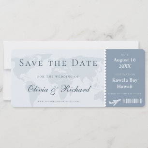 Elegante Stofblauwe Boarding Pass Save the Date Kaart