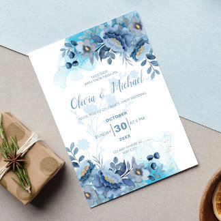 Elegante Stofblauwe Chinoiserie Bloemige Bruiloft Kaart