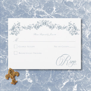 Elegante Stofblauwe Chinoiserie Cherub Trouwdag RSVP Kaartje