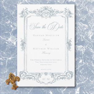 Elegante Stofblauwe Chinoiserie Cherub Trouwdag Save The Date