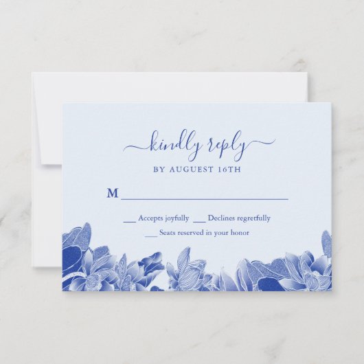 Elegante Stofblauwe Chinoiserie Sfeer Bloemmotief RSVP Kaartje (Voorkant)